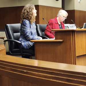 Katie Lindenfelser and Rep Liz Reyers testifying in front of one of the committees who considered this bill.